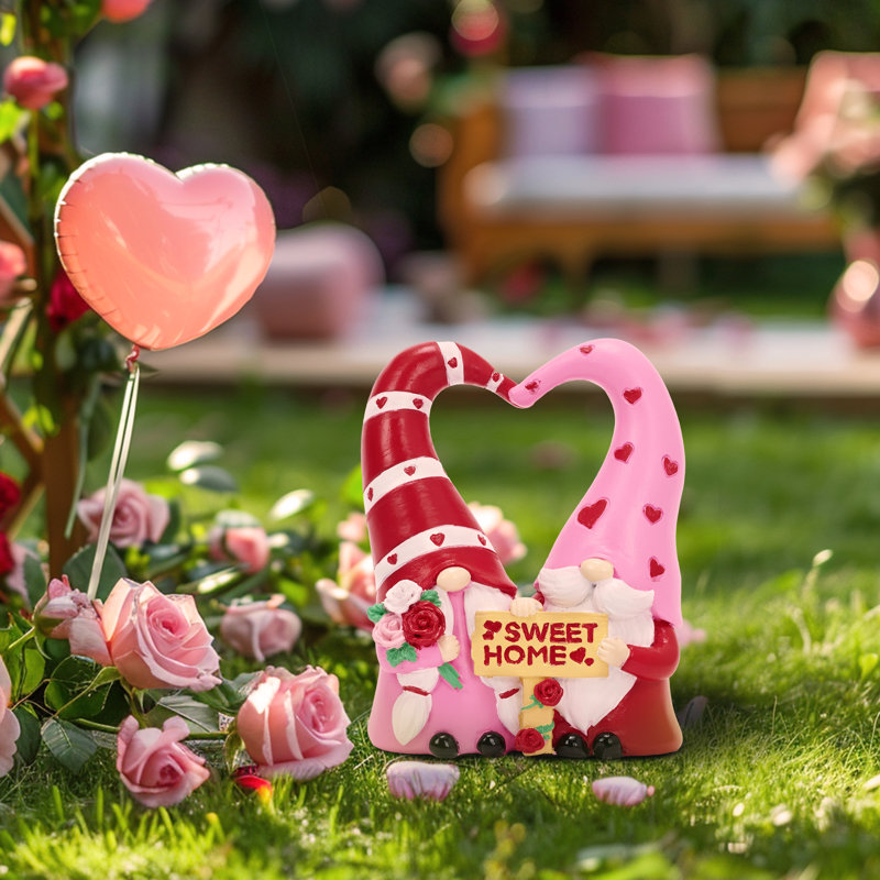 Lavarious 6.3 Inch Valentine Heart-Shaped Pink Gnome Couple Figurines Decorations