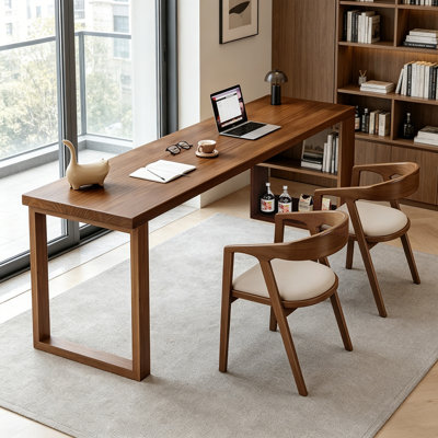 Modern Rectangular Solid Wood Desks with Bookshelf