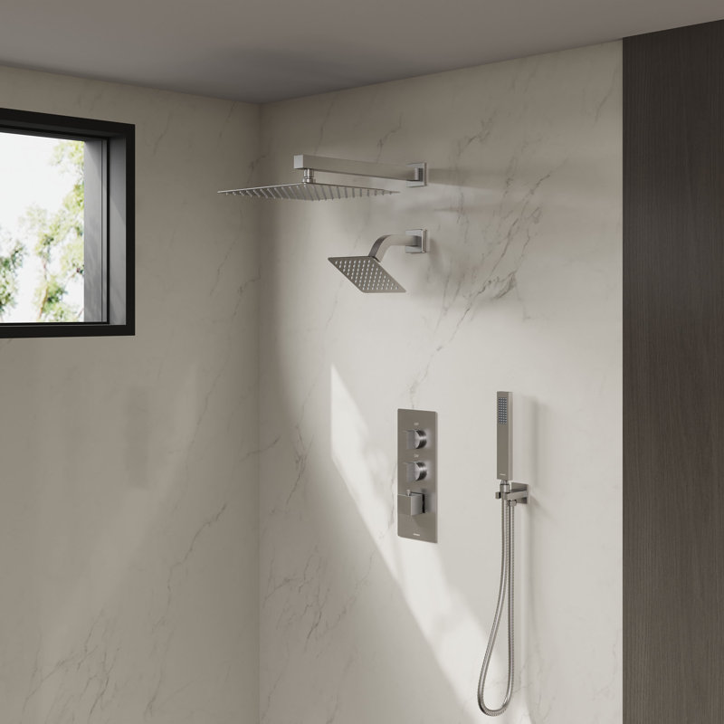 Rugen 12" & 6" Dual Shower Head Faucet Set with Handheld Combo, 3-Function Shower System with Rainfall Showerhead, Thermostatic Valve Included, Bathroom Shower Fixture