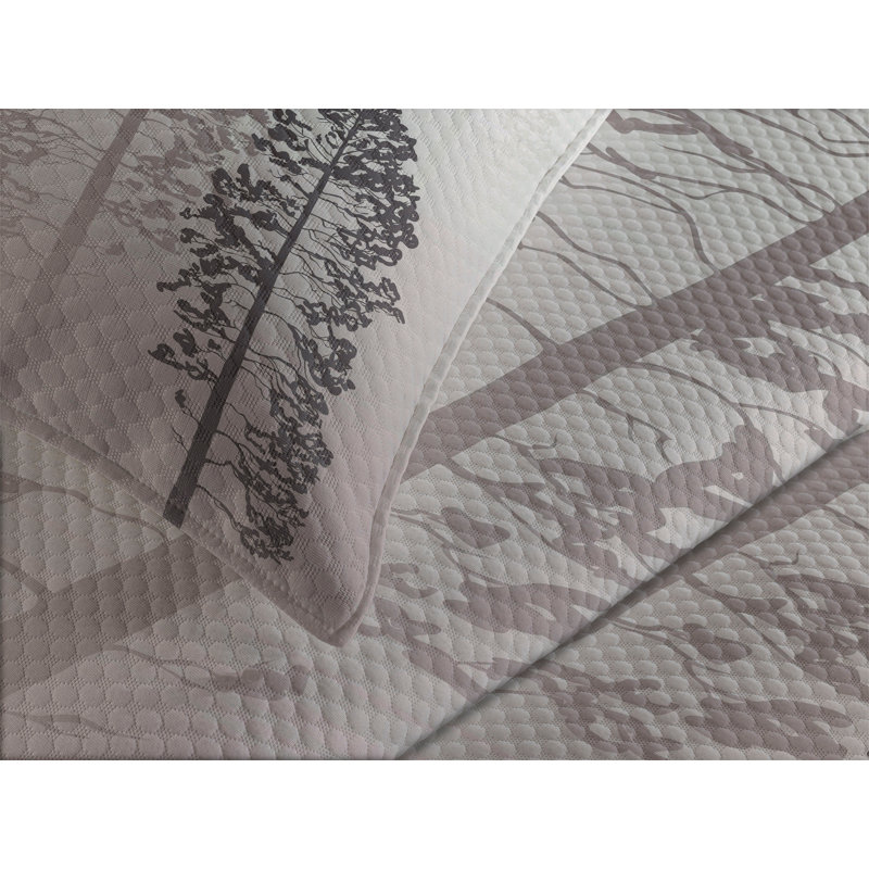 Queen White Quilted Bedspread Set with Forest Design