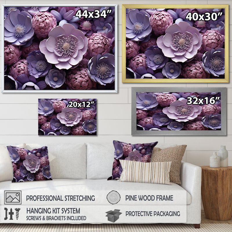 Buttercups Lavender sur toile, Cadre flottant noir, H 16 po x l 32 po x P 1 po