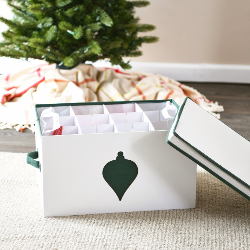Green Polyester Ornament Chest with Cream Detail and Cardboard Inserts, 10" H x 18.62" W x 13.5" D
