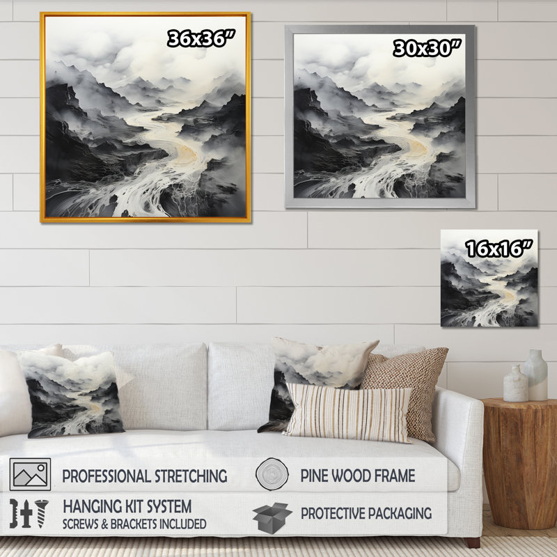 «Black and White Mystic Mountain River I», reproduction sur toile, H 30 po x l 30 po x P 1 po, Cadre flottant noir