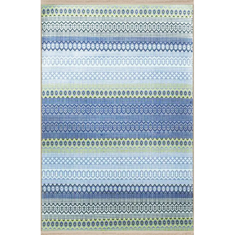 Blue Themed Stripe Geometric Patterned Fringed Vintage Decorative Carpet, Rectangle 2'4" x 4'