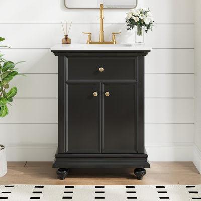 Meuble-lavabo moderne de 24 po avec tiroir basculant et charnières à fermeture en douceur, armoire de salle de bain avec structure ouverte au dos, pieds tournés en boule avec élégance française