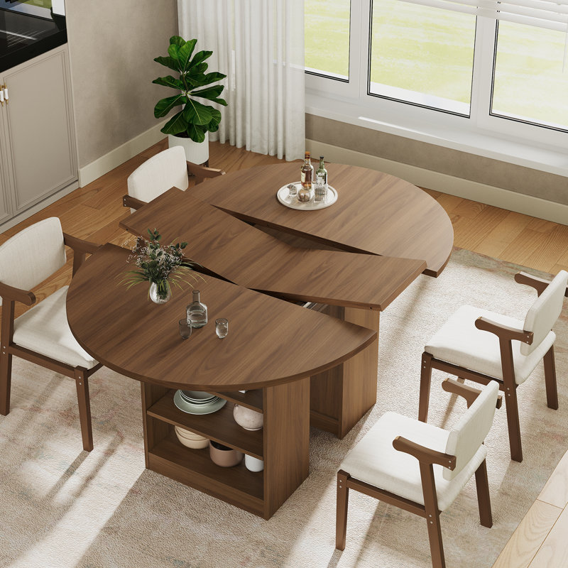 4-8 Extendable Dining Table Kitchen Dinner Table With 3-tier Storage Racks, Walnut