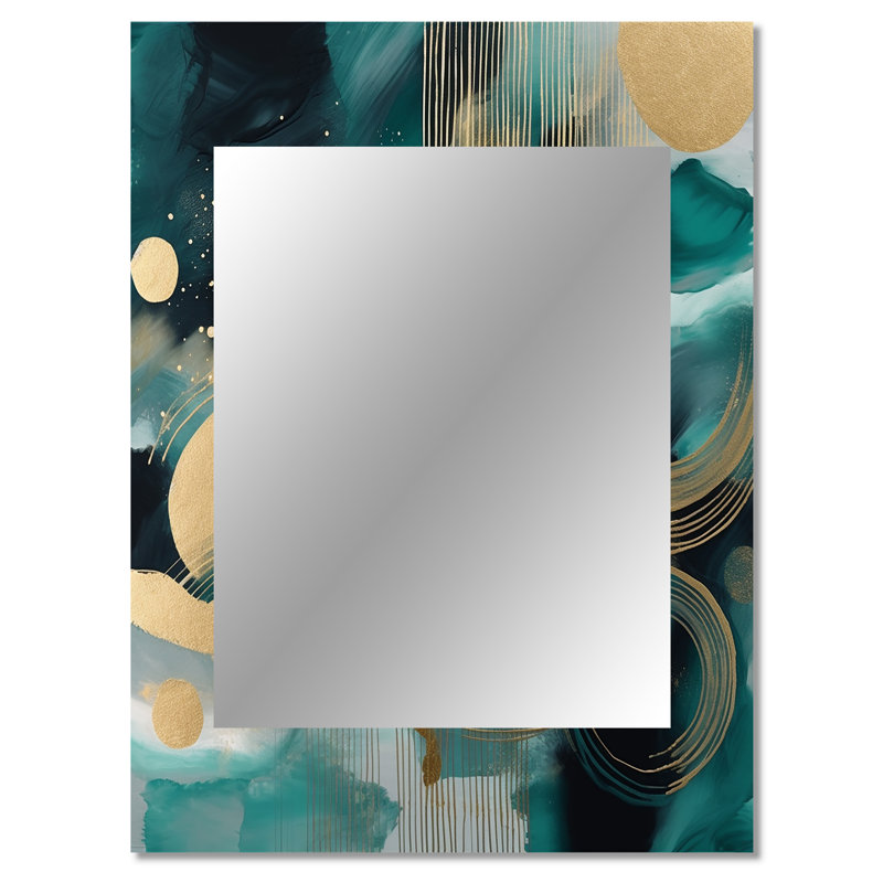 Emeraude vif et contours dorés cercles III - miroir décoratif de formes abstraites, grand miroir mural moderne, impression d'art en métal