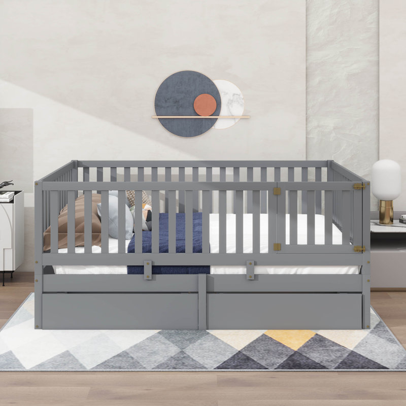A Wooden Daybed With Fence-Style Guardrails And Two Integrated Drawers, Gray, Twin