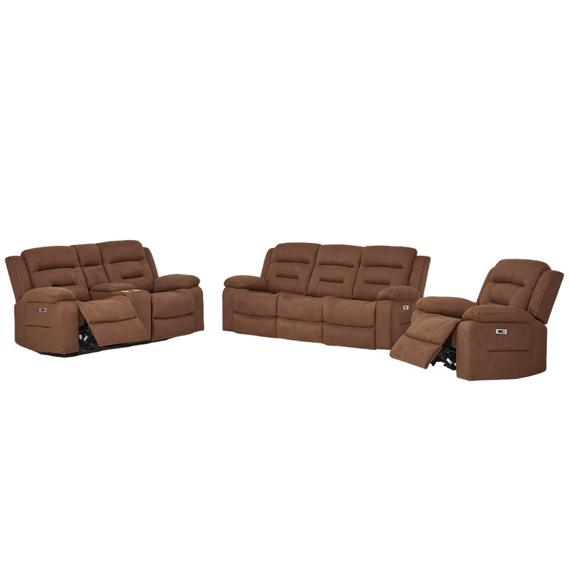 Ensemble 3 pièces de canapé inclinable électrique en microfibre avec port USB et console de rangement, Brun
