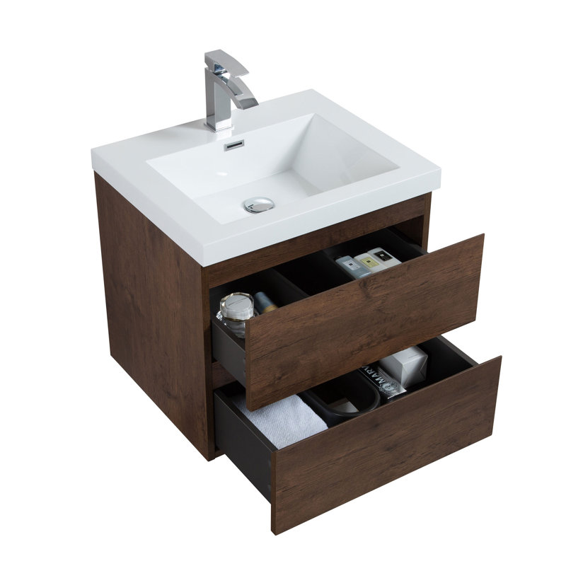 24 Inch Fully Assembled Single Floating Bathroom Vanity With Solid Surface Sink, Walnut
