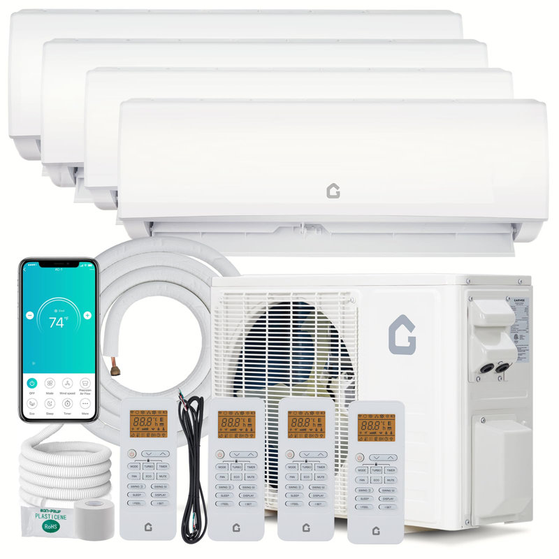 Mini climatiseur à deux zones et chauffage à haute efficacité, 35 000 BTU (9 K x 3 + 18 K) - Système multizone mural sans conduit 19 SEER2 - Condensateur préchargé - Norme américaine - Spécifications américaines