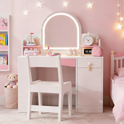 Kids Vanity Desk With LED Mirror And Stool