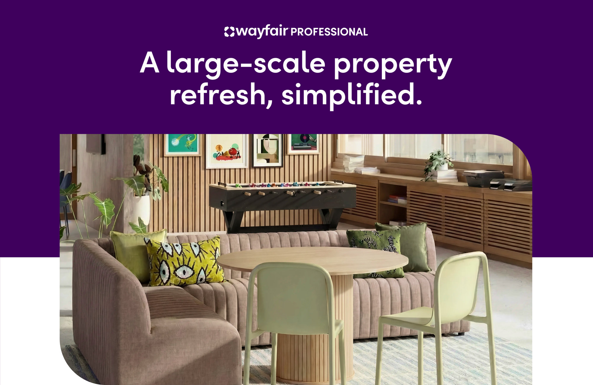Wayfair Professional - A large-scale property refresh, simplified. Modern living space with stylish furniture including a curved sofa, dining chairs, and decorative accents.