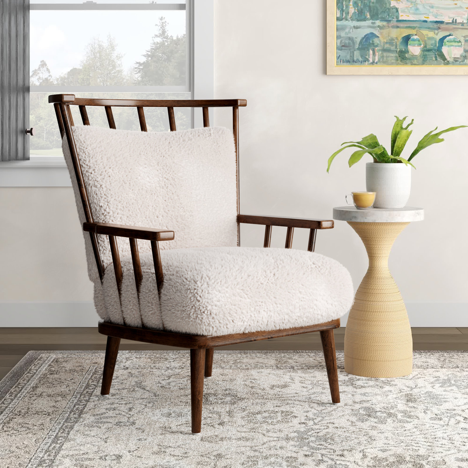 Allie Upholstered Armchair, White Faux Fur