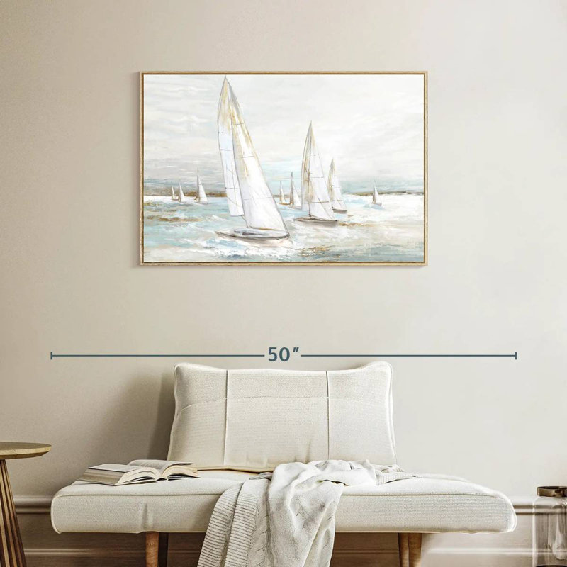Voiles balayées par le vent I, Cadre flottant en bois naturel, 37 po x 25 po