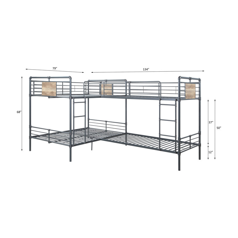 Tolland Industrial L-Shaped Bunk Bed in Sandy Black and Dark Bronze Hand-Brushed, Twin/Full