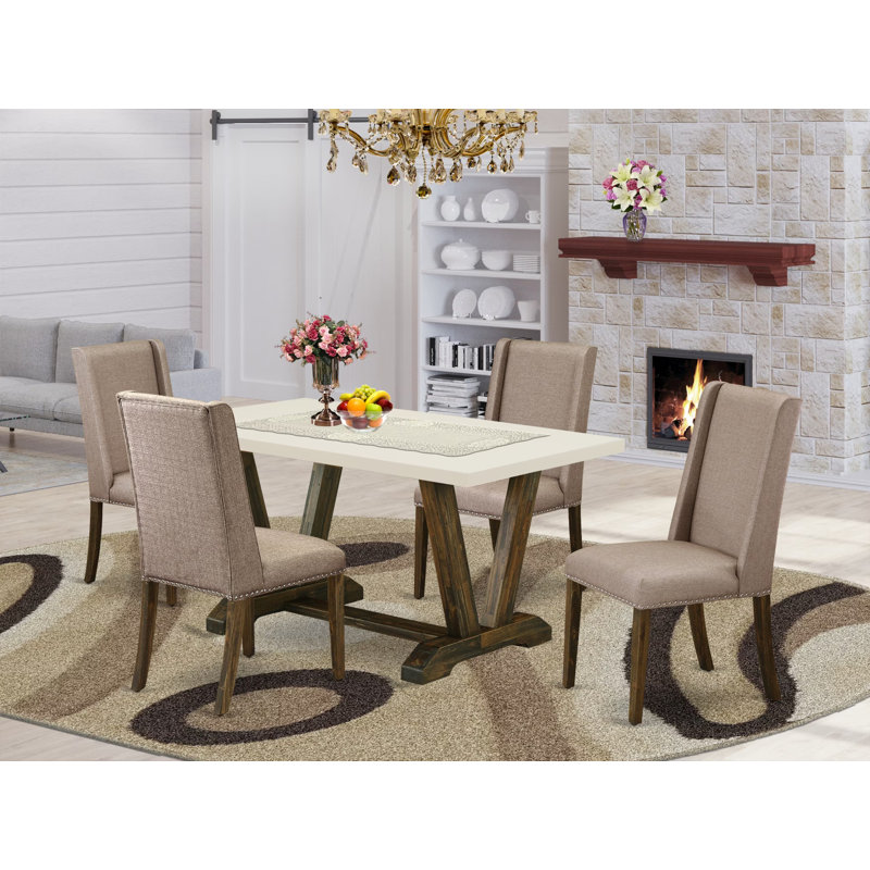 L'ensemble de table de salle à manger 5 pièces comprend une table rectangulaire et 4 chaises rembourrées en tissu de lin kaki foncé avec dossier haut - finition jacobine patinée