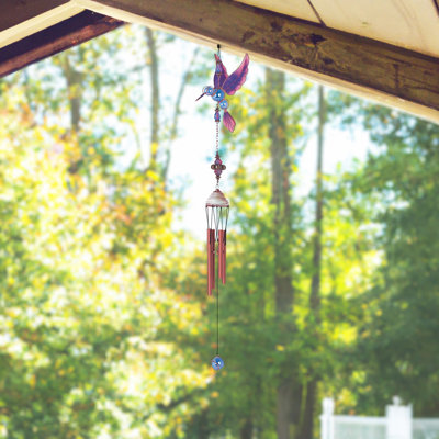 23" Long Purple Hummingbird Copper and Gem Wind Chime  Unique Gifts