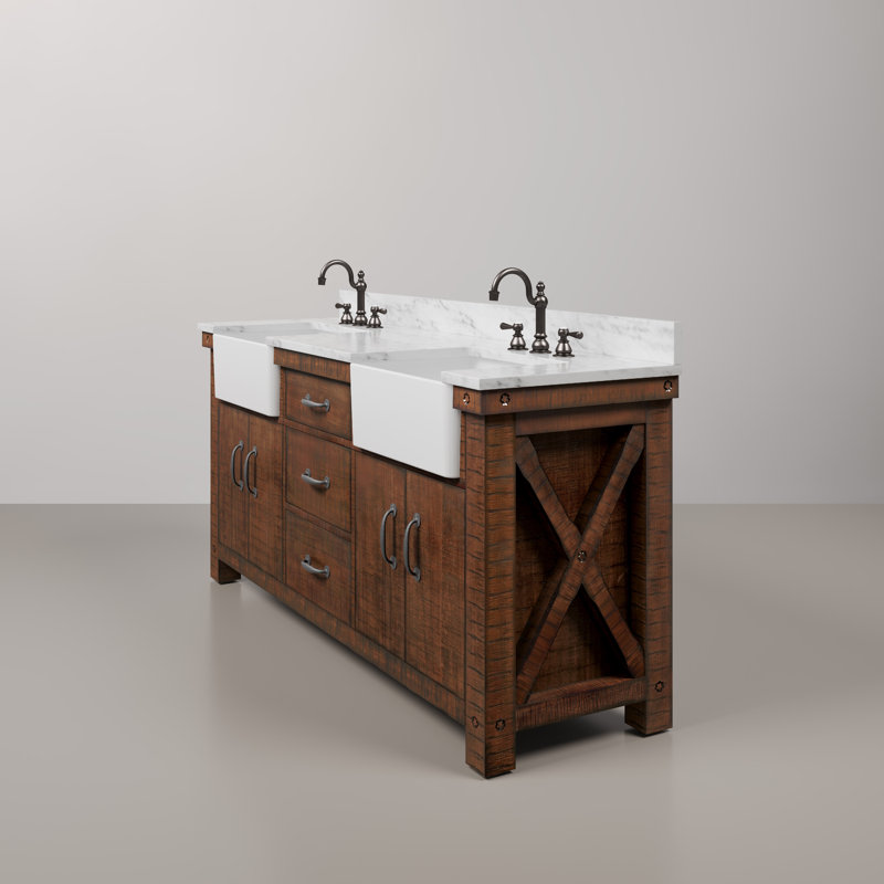 Paisley 72 In. Double Sink Carrara White Marble Countertop Vanity In Rustic Sienna With Mirror, Rustic Sienna