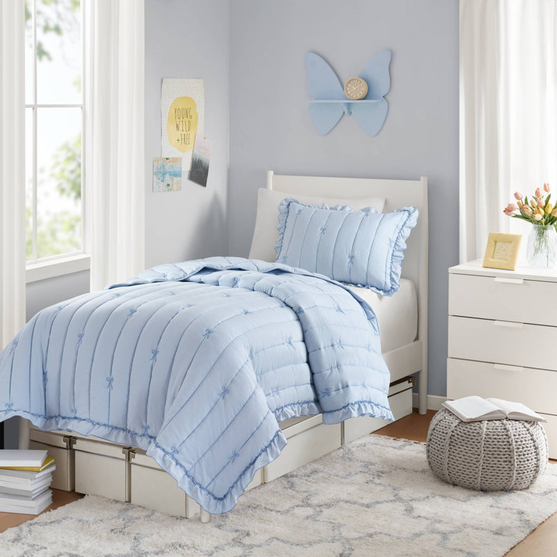 Charming Bow Embroidered Quilt Mini Set With Ruffle Trim And Soft Microfiber, Blue