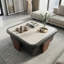Table basse gigogne Mid-Century moderne, plateau en faux travertin avec finition noyer, table extensible, table principale