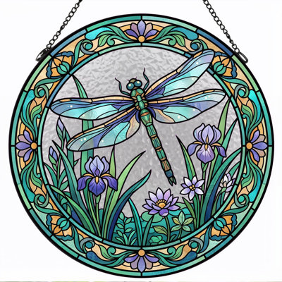 Dragonfly Garden Stained Glass Window Panel，12"H