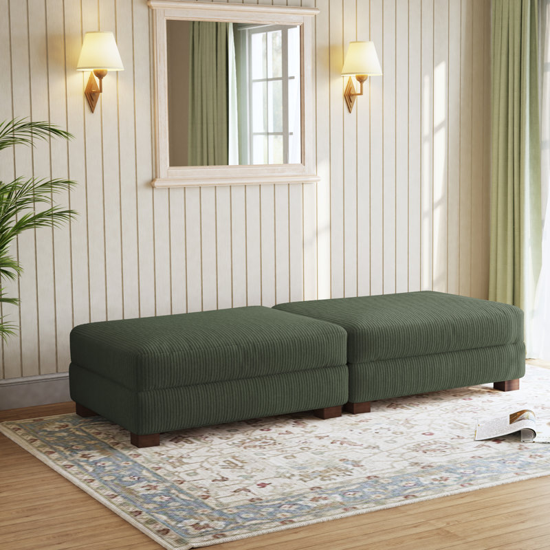 Maelina Upholstered Green Square Corduroy Ottoman with Solid Wood Legs, Ottoman Modular Part For Sectional Sofa, Green