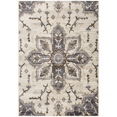 8' X 10' Ivory Gray And Black Floral Medallion Area Rug