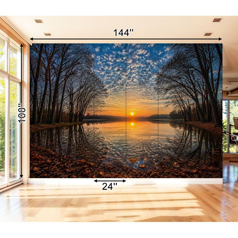 Peler et coller le papier peint, lac coucher de soleil, paysage doré, réflexion, arbres dénudés, calme, automne, art mural, adhésif et amovible