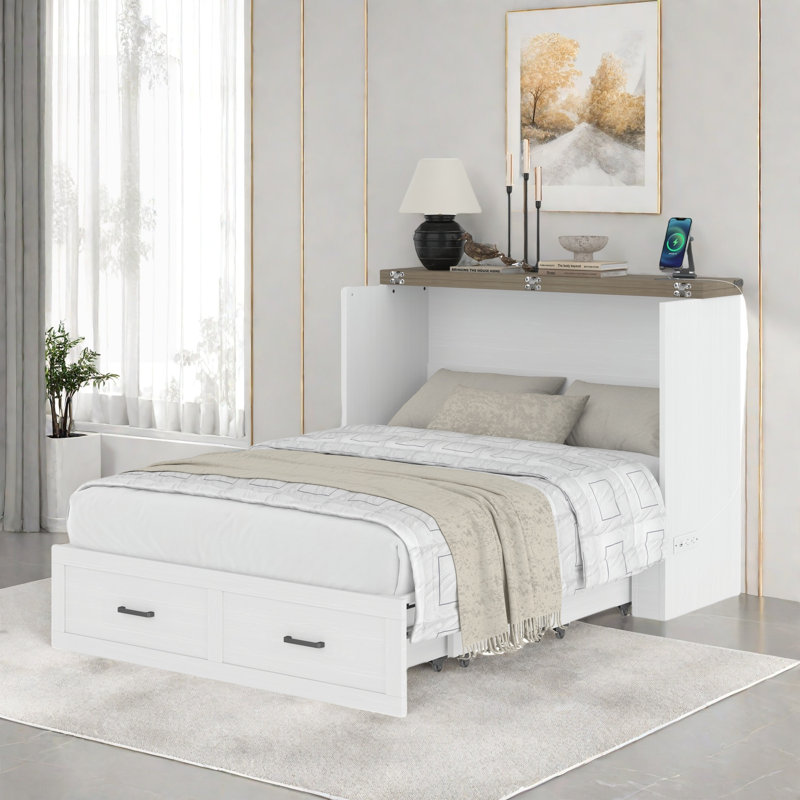 Multi-functional Foldable Murphy Bed  With Charging Station And 1 Large Storage Drawer, White, Full