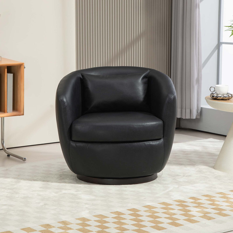 Chryssi Faux Leather Swivel Barrel Chair, Black Faux Leather