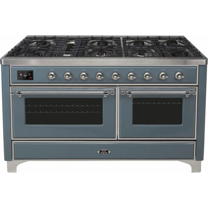 ILVE UM15FDNS3BGG Majestic II 60 inch Dual Fuel Range with 9 Burners, Griddle (Natural Gas, Triple Glass Door, Blue Grey, Brass)