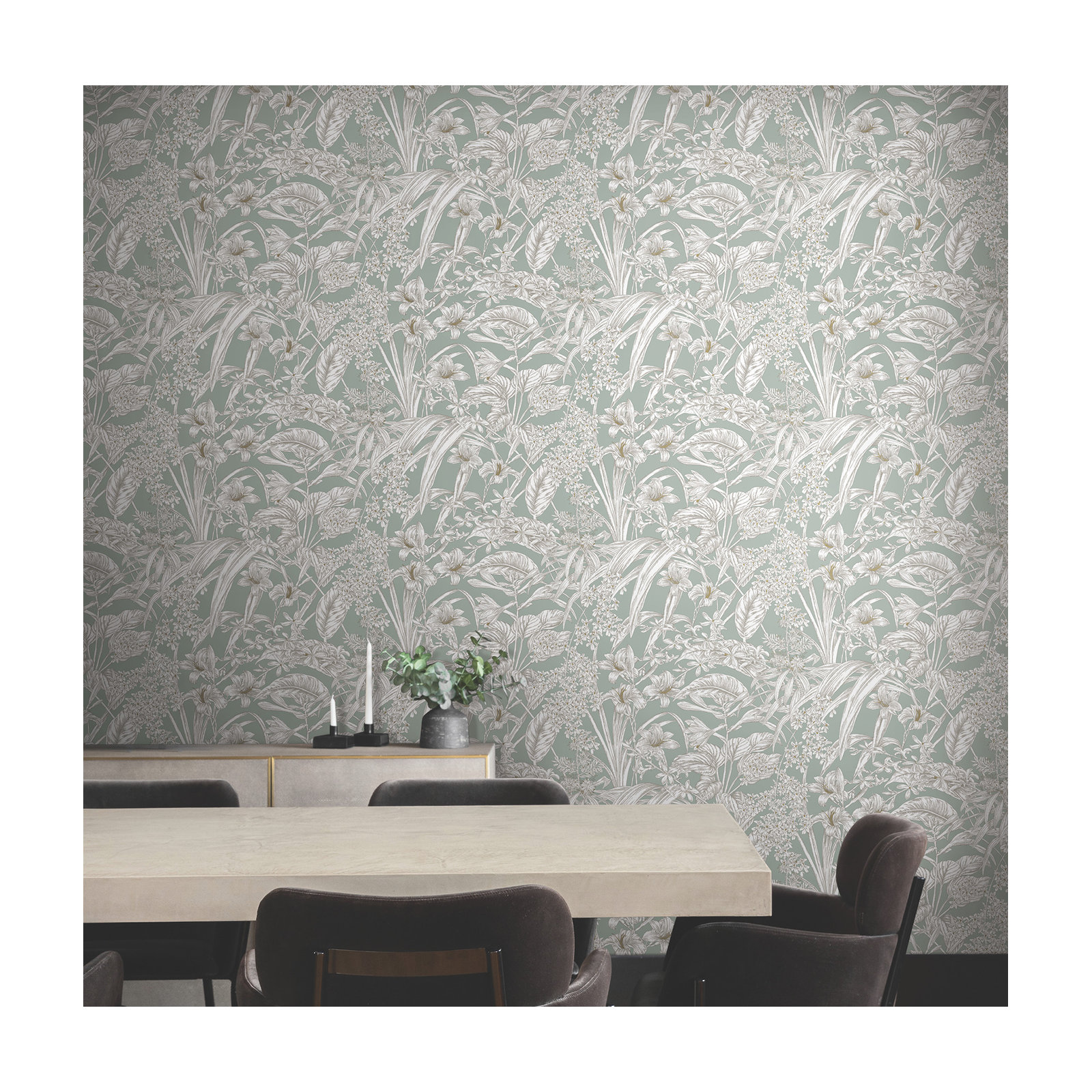 Conservatory Toile Floral,Solids Wallpaper, Seamist & Taupe