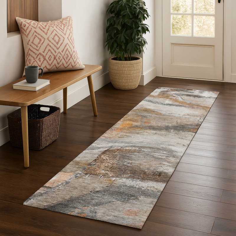 Premium Machine Washable Mayfield AMF2039 Abstract Rug, 2'3" x 7'6" Runner, Brown