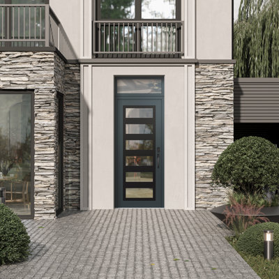 C9 à gauche 36 po X 96 po Panneau d'entrée en verre noir anthracite et anthracite à panneau avec porte d'entrée avant en verre transparent