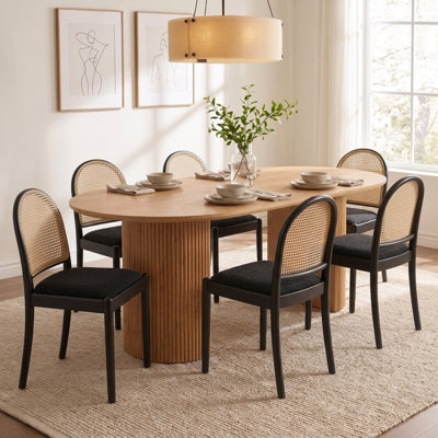 Ensemble de 6 chaises de salle à manger en rotin, chaises de salle à manger rembourrées en lin avec dossiers, chaises de cuisine modernes avec pieds en bois pour la salle à manger