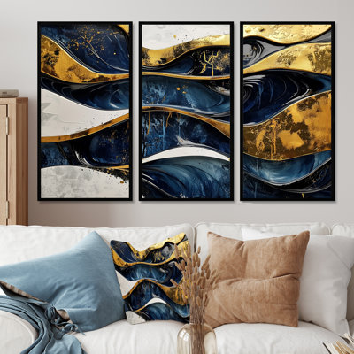 «Hard Edge», bleu et doré, jeu optique en spirale I - Décoration murale abstraite - 3 pièces