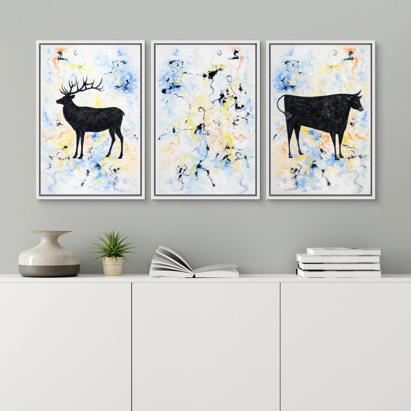 «Modern Modern Animal Silhouette» cerf et taureau, reproduction d'art contemporain sur toile encadrée, œuvre d'art de 3 pièces
