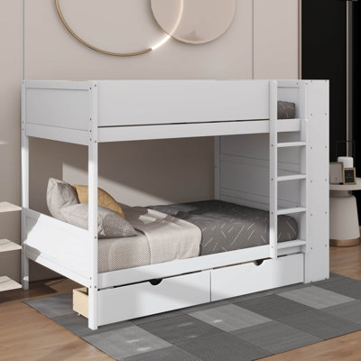 Lit superposé avec bibliothèque de rangement, structure en bois, 2 tiroirs et armoire à plusieurs niveaux