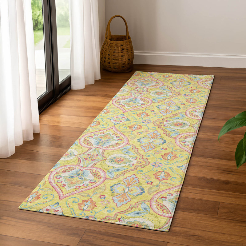 Tapis bohème de qualité supérieure lavable à la machine Mayfield AMF2207, Jaune, Tapis de couloir 2 pi 3 po x 7 pi 6 po