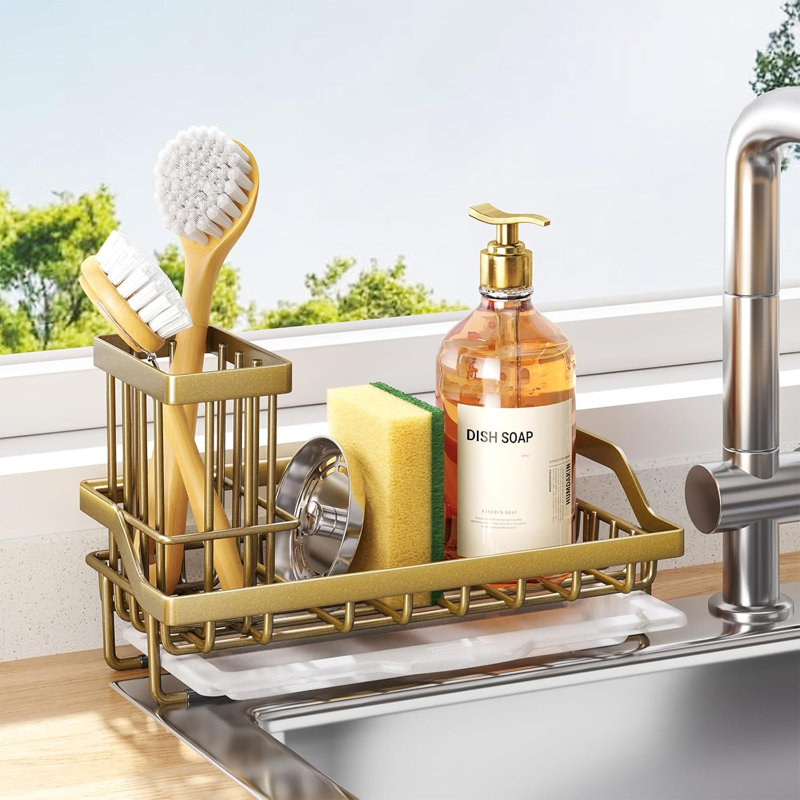 Sponge Holder for Kitchen Sink - Sink Caddy with Dish Brush Holder, Stainless Steel Kitchen Organizer with Drip Tray for Countertop, Darker Gold