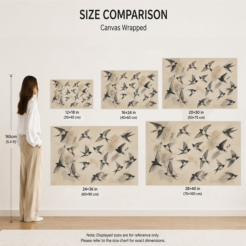 Croquis à l'encre vintage d'hirondelles en vol, tableau sur toile beige avec éclaboussures, décoration murale rustique et neutre représentant des oiseaux