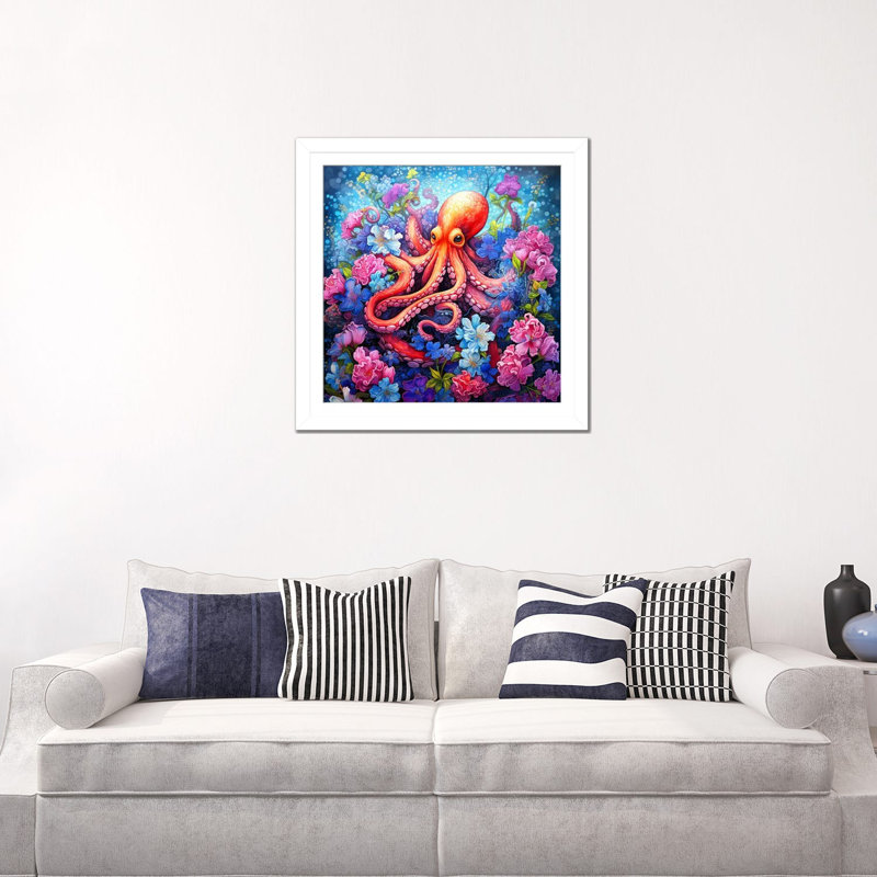 Octopus Garden, Papier blanc avec cadre d'angle ouvert, H 24 po x l 24 po x P 1 po