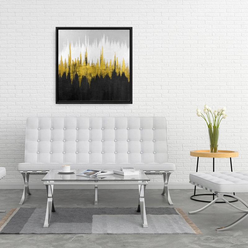 Toile abstraite minimaliste grise | Décoration en zigzag doré