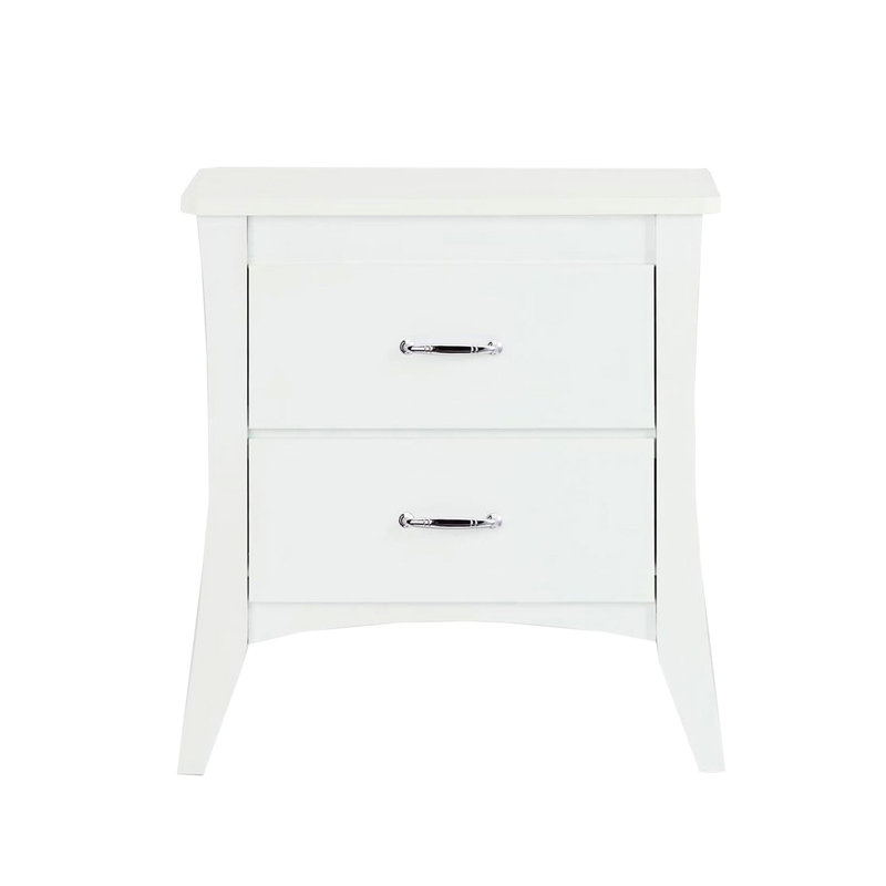Table de chevet blanche de style moderne avec 2 tiroirs et mécanisme d'arrêt avec deux pieds fuselés en bois pour la chambre à coucher