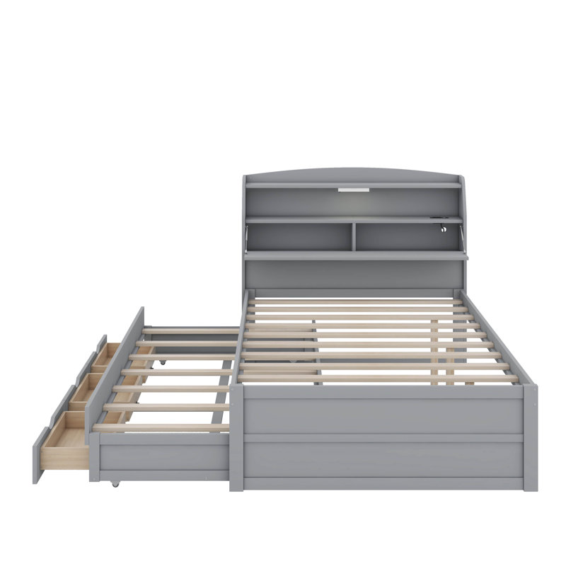 Lit plateforme en bois avec lit gigogne, tête de lit et tiroirs à DEL, Gris, Double