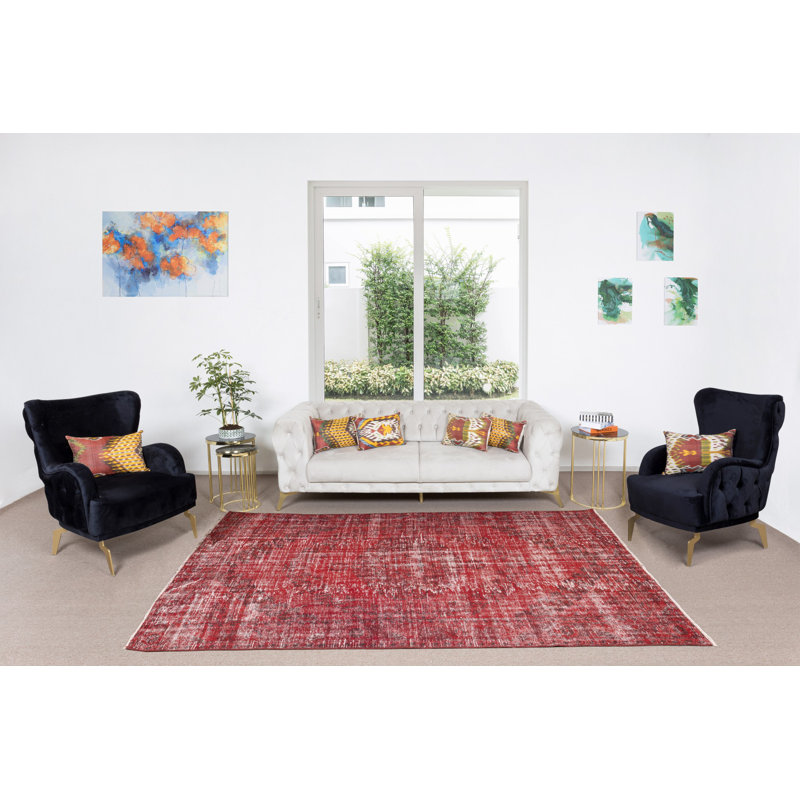 6x8.6 Ft Distressed Handmade Turkish Rug Over-Dyed in Burgundy Red for Modern Interiors