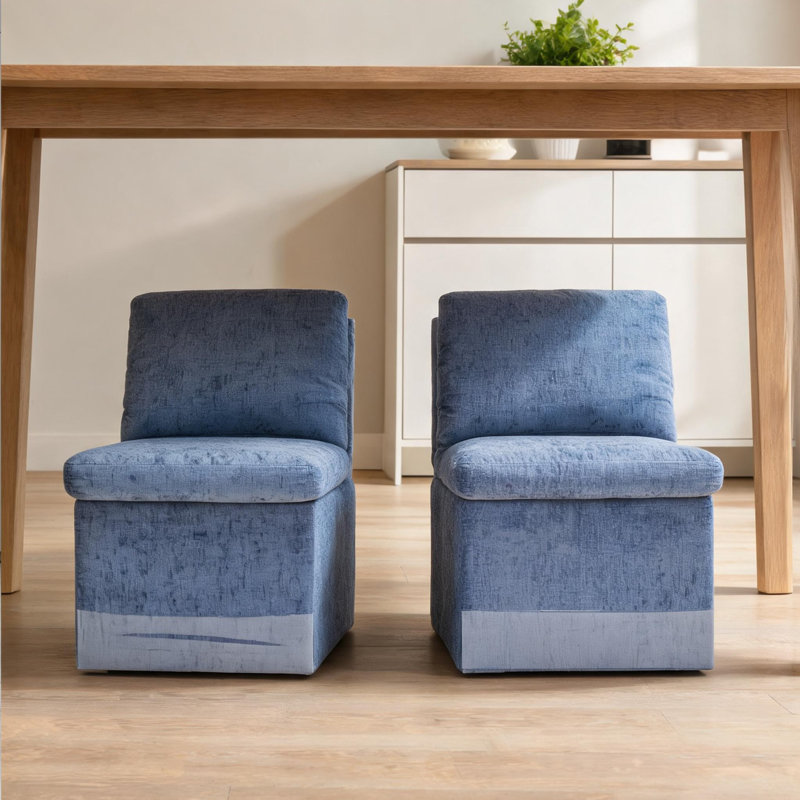 Ensemble de 2 chaises de salle à manger rembourrées en lin bleu avec roulettes et rangement