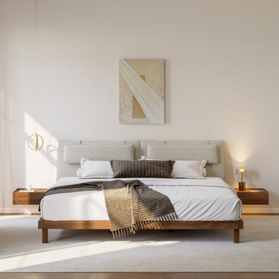 King Size Linen Bed With Floating Nightstands Bedroom Set