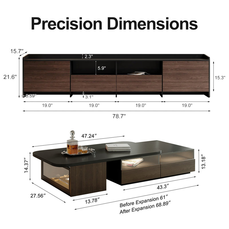 Tv Stand For Tvs Up To 85'', Living Room Cabinet Set Includes Tv Stand And Extendable Coffe Table With Storage Drawers And Cabinet